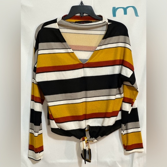 Polly & Esther Sweaters - LADIES BLACK, GOLD & MAHOGANY STRIPED SWEATER